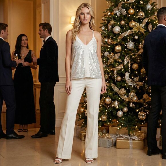 White Sequin Cami Top Fully Lined Adjustable Straps - Picture 1 of 8